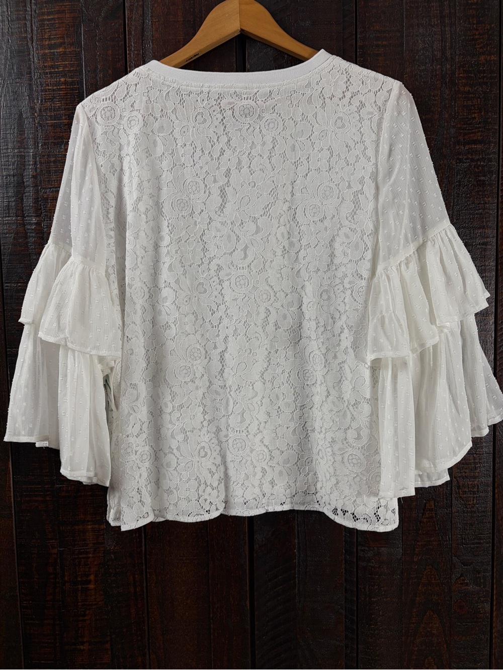 Kensie Romantic Boho White Lace Top Ruffled Sleeves Size Large - Picture 5 of 11